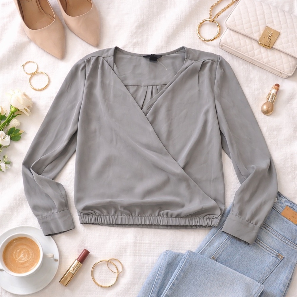 H&M Gray Wrap Blouse Women Size 10 Draped Long Sleeve Surplice Top